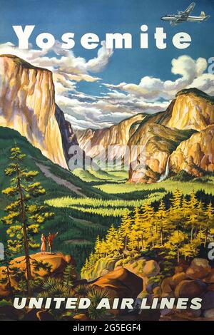 Poster di viaggio vintage per il parco nazionale Yosemite, California, USA con United Airlines Foto Stock