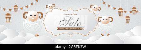 EID al adha banner di vendita sito web creativo con cute animale, lanterne e bandiere vettore sfondo Illustrazione Vettoriale