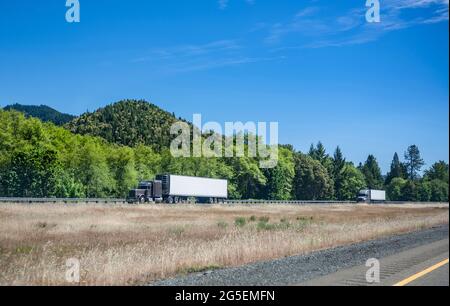 Squadra di due grandi semirimorchi grigi che trasportano il carico commerciale in semirimorchi refrigerati che corrono in convoglio sulla strada a senso unico con gr Foto Stock