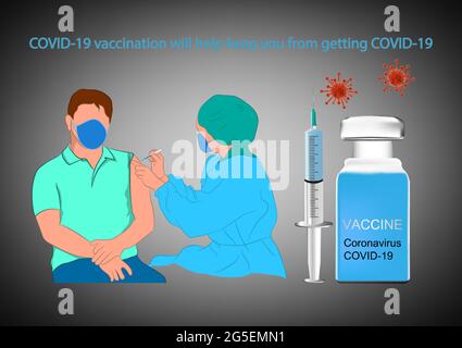 concetto di progettazione grafica covid-19 i vaccini proteggono da e i vantaggi di Ottenere l'illustrazione del vettore del vaccino Covid-19 Illustrazione Vettoriale