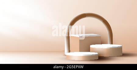 3D realistico elegante cilindro geometrico marrone, cubo su strati sfondo arrotondato su sfondo beige con illuminazione. Si può usare per mostrare il prodotto cosmetico Illustrazione Vettoriale