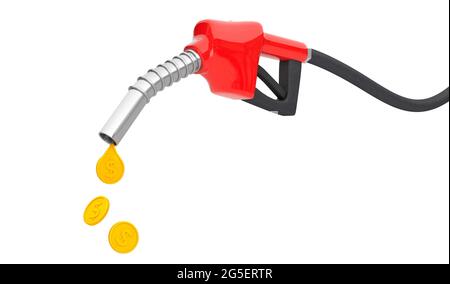 Pompa carburante con una goccia di monete d'oro. Il concetto di un prezzo del carburante costoso. Isolato su sfondo bianco. rendering 3d. Foto Stock