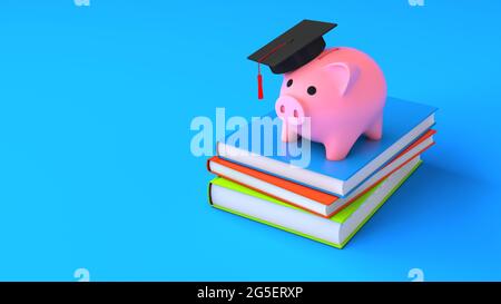 Banca di piggy nel cappello di un laureato sui libri. Concetto di risparmio per l'istruzione, università costosa. rendering 3d. Foto Stock