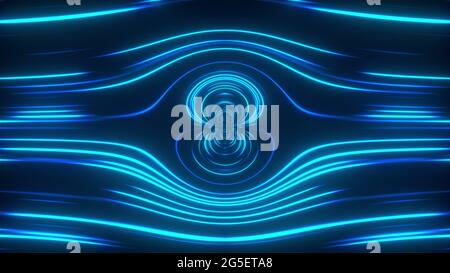 Caleidoscopio astratto di linee luminose al neon che formano i petali e i cerchi. sfondo generato dal computer con rendering 3d Foto Stock