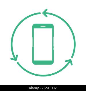Simbolo di riciclaggio dei telefoni cellulari. Telefono cellulare all'interno delle frecce circolari. Gestione elettronica dei rifiuti. Icona di buyback dello smartphone. Materiali riutilizzabili. Vettore Illustrazione Vettoriale