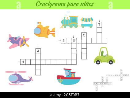 Crossword per bambini in spagnolo con foto di trasporto. Gioco educativo per studiare la lingua e le parole spagnole. Foglio di lavoro stampabile per le attività dei bambini Illustrazione Vettoriale