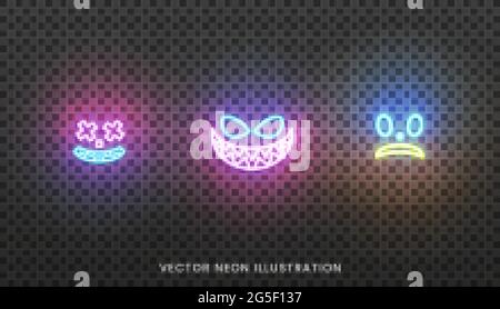 Icone del volto al neon di Halloween. Set di espreshions facciali luminosi per Halloween Illustrazione Vettoriale