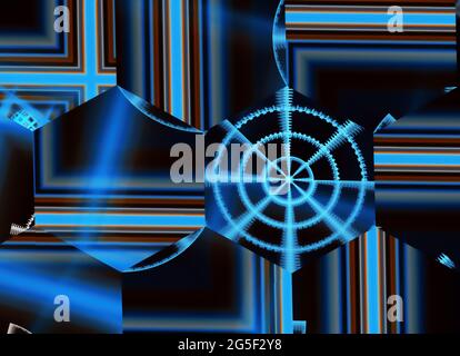 In blu, uno sfondo tecnologico strutturato è un rendering frattale. Foto Stock