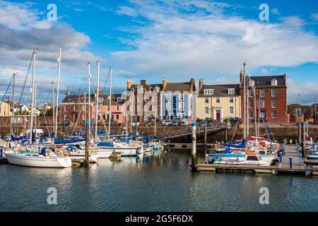 Il grazioso porto di pescatori nella città di Arbroath, Angus, Scozia Foto Stock