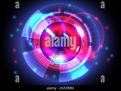 Luce blu e rossa. Astratto luminoso sfondo circolare HUD. Interfaccia futuristica. Schermata della tecnologia di realtà virtuale Illustrazione Vettoriale