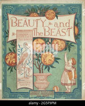 Copertina del libro di 'Beauty and the Beast' di Walter Crane, Edmund Evans, pubblicato a Londra e New York da George Routledge and Sons nel 1874. Beauty and the Beast (in francese: La Belle et la Bête) è una favola scritta dalla romanziera francese Gabrielle-Suzanne Barbot de Villeneuve e pubblicata nel 1740 in la Jeune Américaine et les contes Marins (i giovani americani e Marine Tales). La sua lunga versione fu abbreviata, riscritta e pubblicata da Jeanne-Marie Lepruce de Beaumont nel 1756 in Magasin des enfants (Collezione dei Bambini) per produrre la versione più comunemente riprodotta e più tardi da Andrew Lang in Foto Stock