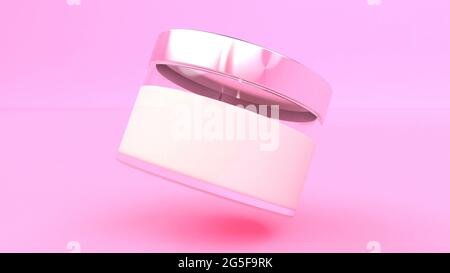 Il mockup del vaso in vetro con tubo crema sul flacone rosa per la cura della pelle ruota lentamente il rendering 3d Foto Stock