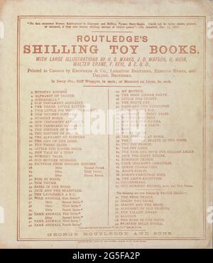 Advertising Routledge's Shilling Toy Books con grandi illustrazioni sulla copertina posteriore di 'Beauty and the Beast' di Walter Crane, Edmund Evans, pubblicato a Londra e New York da George Routledge e Sons nel 1874. Foto Stock