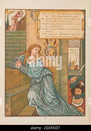 Bluebeard di Walter Crane e Edmund Evans, pubblicato a Londra e New York da George Routledge e Sons nel 1873. 'Bluebeard' (in francese: Barbe bleue) è un racconto folcloristico francese, la più famosa versione sopravvissuta del quale è stata scritta da Charles Perrault e pubblicata per la prima volta da Barbin Parigi nel 1697 in Histoires ou contes du temps passé. Il racconto racconta la storia di un uomo ricco nell'abitudine di uccidere le sue mogli e i tentativi di una moglie di evitare il destino dei suoi predecessori. 'La colomba bianca', 'il Robber Bridegroom' e 'il Bird di Fitcher' (chiamato anche 'la gallina di Fowler') sono racconti simili a 'Bluebeard Foto Stock