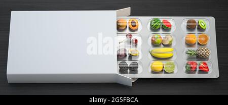 Multivitaminici e integratori alimentari naturali per una dieta sana. Frutta in pillole su confezione blister. illustrazione 3d Foto Stock