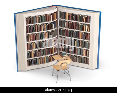 Libri su scaffale come libro e scuola scrivania e sedia isolato su bianco. Formazione, conoscenza e apprendimento. illustrazione 3d Foto Stock