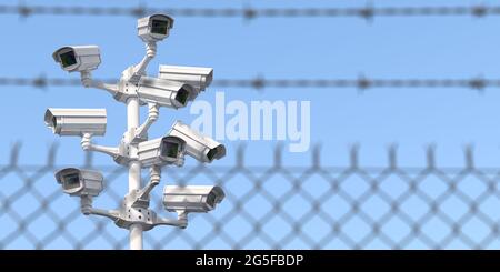 Sistema di telecamere di sicurezza CCTV e recinzione spannata. Concetto di privacy, sicurezza e protezione. illustrazione 3d Foto Stock