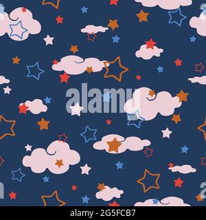 Pattern vettoriale senza giunture con stelle e nuvole su sfondo blu. Semplice wallpaper design per vivai. Moda tessile per bambini. Illustrazione Vettoriale