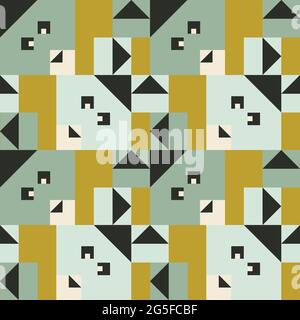 Pattern vettoriale senza giunture con conigli geometrici su sfondo verde. Carino disegno quadrato della carta da parati dell'animale per i bambini. Semplice coniglietto di moda tessile. Illustrazione Vettoriale