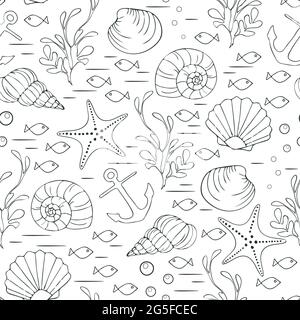 Modello vettoriale senza cuciture con conchiglie subacquee su sfondo bianco. Semplice disegno a mano di carta da parati tropicale mare. Moda decorativa tessile. Illustrazione Vettoriale