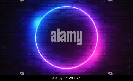 Cartello al neon su un muro di mattoni. Cerchio luminoso. Sfondo astratto, colori vibranti dello spettro. illustrazione del rendering 3d. Foto Stock