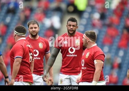 BT Murrayfield .Edinburgh.Scotland UK. 26 giugno-21 Lions britannici e irlandesi contro Giappone, raffigurati durante la partita Lions britannici e irlandesi Iain Henderson, Courtney Lawes e Wyn Jones Credit: eric mcowat/Alamy Live News Foto Stock