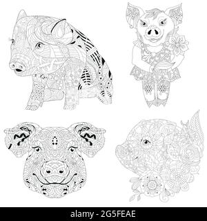 Illustrazione Zentangle con maiali. Zentangle o doodle piglet. Animale domestico da colorare. Illustrazione Vettoriale