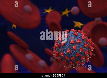 Virus e cellule del sangue contro la bandiera dell'Unione europea. illustrazione 3d. infezione virale che causa malattia cronica. Virus dell'epatite, virus dell'influenza Foto Stock