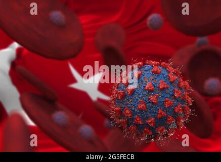 Virus e cellule del sangue contro la bandiera della Turchia. illustrazione 3d. infezione virale che causa malattia cronica. Virus dell'epatite, virus dell'influenza H1N1, Coron Foto Stock