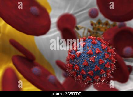 Virus e cellule del sangue contro la bandiera del Vaticano. illustrazione 3d. infezione virale che causa malattia cronica. Virus dell'epatite, virus dell'influenza H1N1, Coro Foto Stock