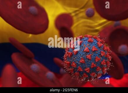 Virus e cellule del sangue contro bandiera della Colombia. illustrazione 3d. infezione virale che causa malattia cronica. Virus dell'epatite, virus dell'influenza H1N1, Cor Foto Stock