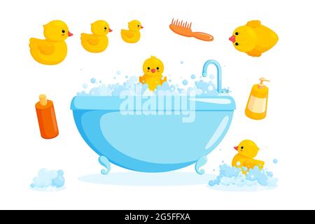 Anatra e bagno con pettini e schiuma. Set da bagno con vasca, cosmetici, anatre di gomma gialla isolate su sfondo bianco. Illustrazione vettoriale in cute Illustrazione Vettoriale