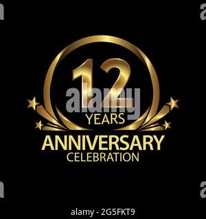 Dodici anni di anniversario Golden. Anniversario modello di disegno per il web, gioco, poster creativo, opuscolo, volantino, rivista, carta di invito - Illustrazione Vettoriale