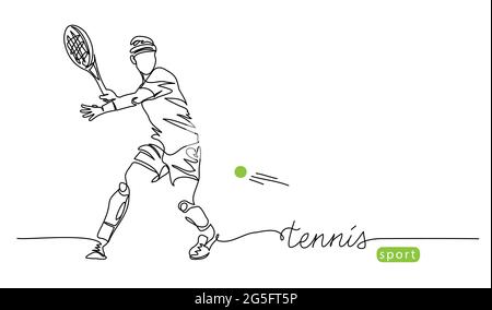 Giocatore di tennis semplice sfondo vettoriale, banner, poster con uomo, racchetta e palla. Illustrazione di un disegno di linea di un giocatore di tennis maschile Illustrazione Vettoriale