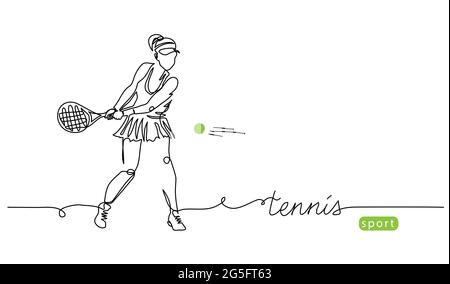 Giocatore di tennis semplice sfondo vettoriale, banner, poster con donna, racchetta e palla. Illustrazione di un disegno di linea del giocatore di tennis Illustrazione Vettoriale