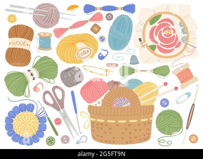 Strumenti di Unione. Attrezzatura per ricamo, cucito o uncinetto. Filati di lana, aghi per maglieria, bottoni. Set vettoriale elementi artigianali a cartoni animati piatti. Cestino con oggetti e accessori colorati Illustrazione Vettoriale