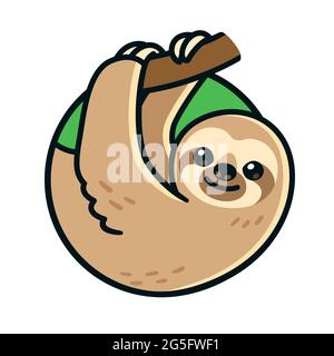 Cute sloth cartoon appeso sul ramo in cerchio logo. Immagine vettoriale clip art. Illustrazione Vettoriale