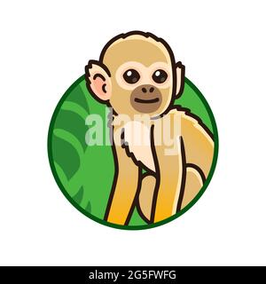 Carino cartone animato tropicale foresta scoiattolo scimmia in cerchio logo. Immagine vettoriale clip art. Illustrazione Vettoriale
