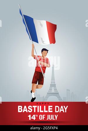 Francia. 14 luglio. Happy Bastille Day. Uomo che corre con bandiera. Disegno di illustrazione vettoriale Illustrazione Vettoriale