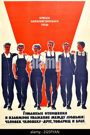 Vintage Soviet Poster Workers Team RESPECT Comrade Workplace Motivation 1965 Foto Stock