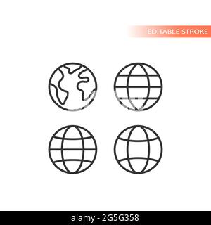 Insieme di icone vettoriali per linee Web globo. Contorno pianeta terra, tratto modificabile. Illustrazione Vettoriale