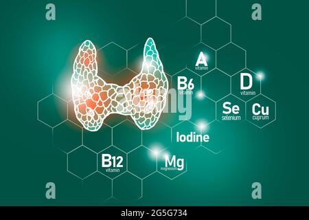 Sostanze nutritive essenziali per la salute della ghiandola tiroidea, tra cui iodio, Selenuim, vitamina B6, Cuprum. Set di progettazione di organi umani con vitamine Foto Stock