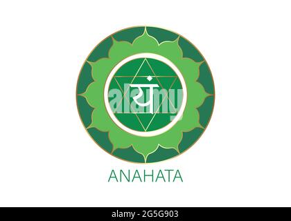 Anahata Quarta chakra con il mantra di semi di sanscrito indù VAM. Green è un simbolo di stile piatto per la meditazione, yoga. Vettore modello logo rotondo Illustrazione Vettoriale