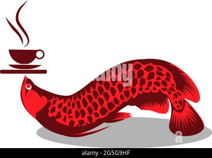 Il pesce arowana porta il vettore di caffè caldo. Illustrazione vettoriale su sfondo bianco Illustrazione Vettoriale