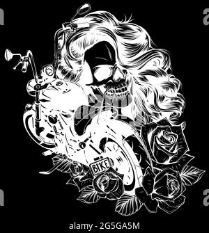 Illustrazione vettoriale Moto con cranio donna e rose Illustrazione Vettoriale