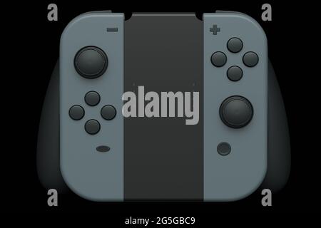 Controller portatili per videogiochi collegati al touch screen in nero sfondo Foto Stock