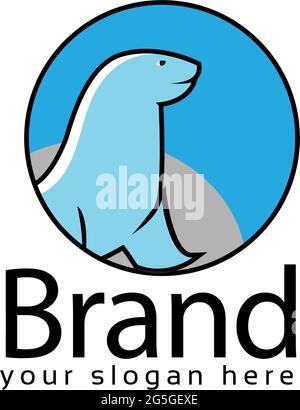 leone di mare nel cerchio logo, design piatto. Illustrazione vettoriale su sfondo bianco Illustrazione Vettoriale