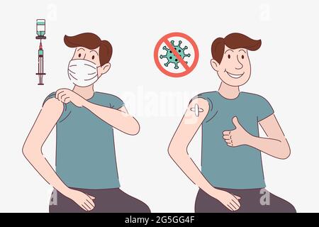 Uomo in maschera protettiva come vaccinato, mostrando braccio vaccinato. Siringa, segno di Coronavirus. Paziente dopo aver ricevuto il vaccino Covid-19. Vaccinazione Illustrazione Vettoriale