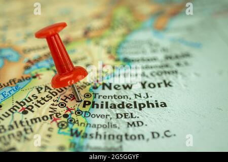 Località Philadelphia città in Pennsylvania, mappa con puntino rosso che punta da vicino, Stati Uniti d'America Foto Stock