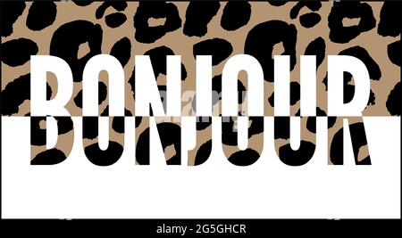 Testo decorativo BONJOUR HELLO con pelle leopardata Illustrazione Vettoriale